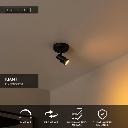 Lucide KIANTI - Plafondspot - Ø 10 cm - 1xGU10 - Zwart - USP